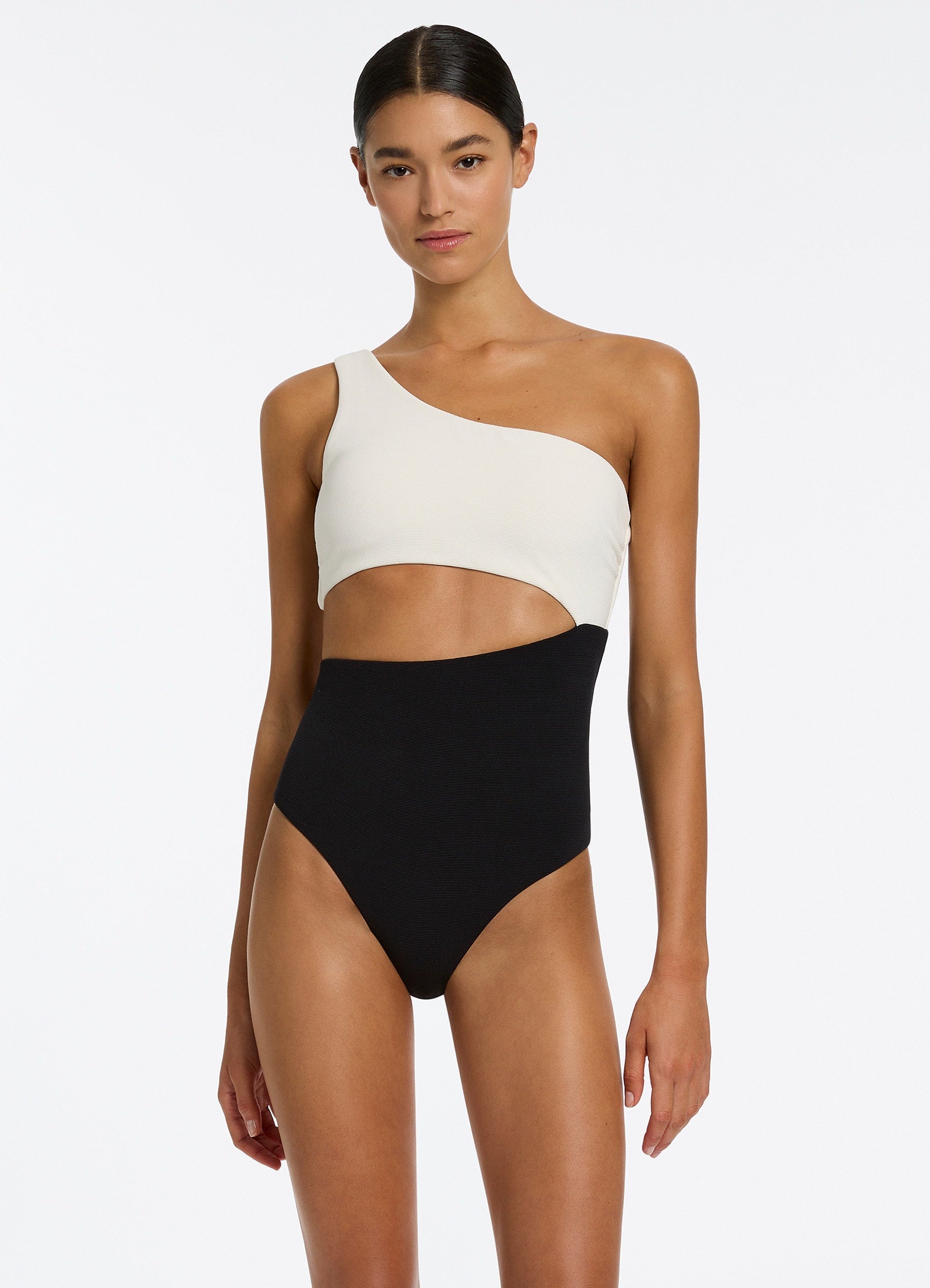 Versa Rib One Shoulder One Piece - Black/Cream – JETS UK