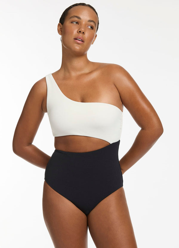 Versa Rib One Shoulder One Piece - Black/Cream