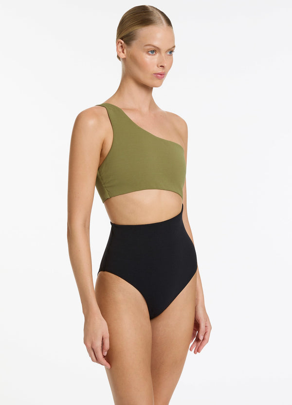 Versa Rib One Shoulder One Piece - Black/Moss