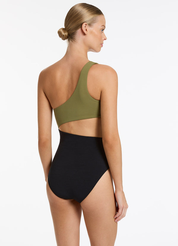 Versa Rib One Shoulder One Piece - Black/Moss