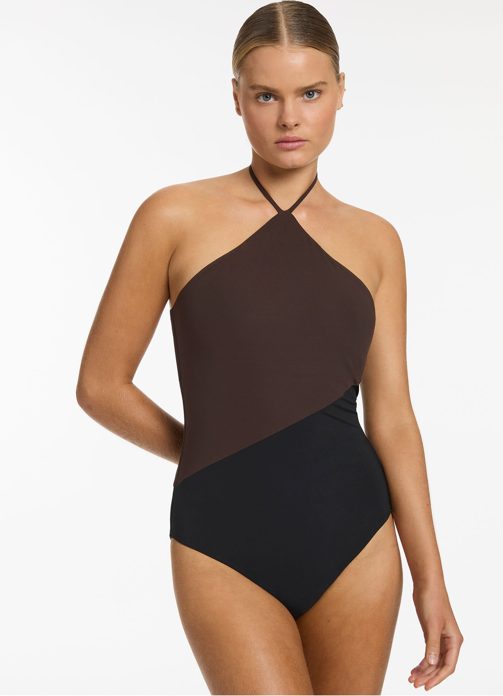 Versa High Neck Halter One Piece - Black/Chocolate – JETS UK