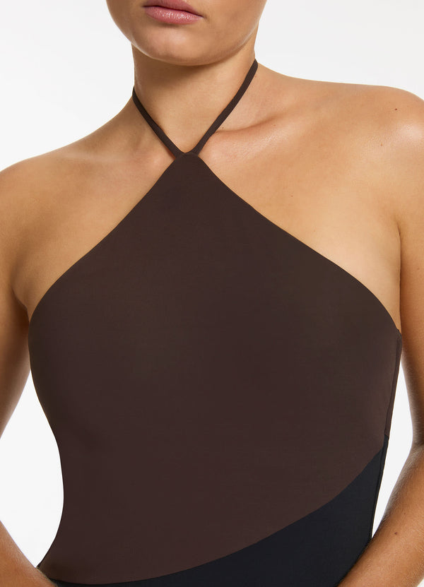 Versa High Neck Halter One Piece - Black/Chocolate