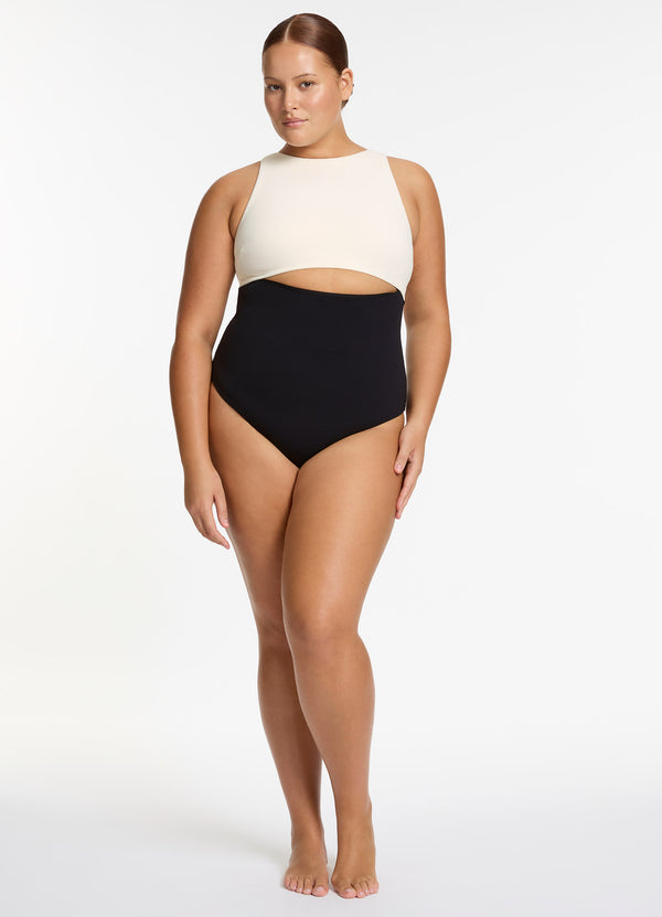 Versa Rib Cut Out High Neck One Piece - Black/Cream