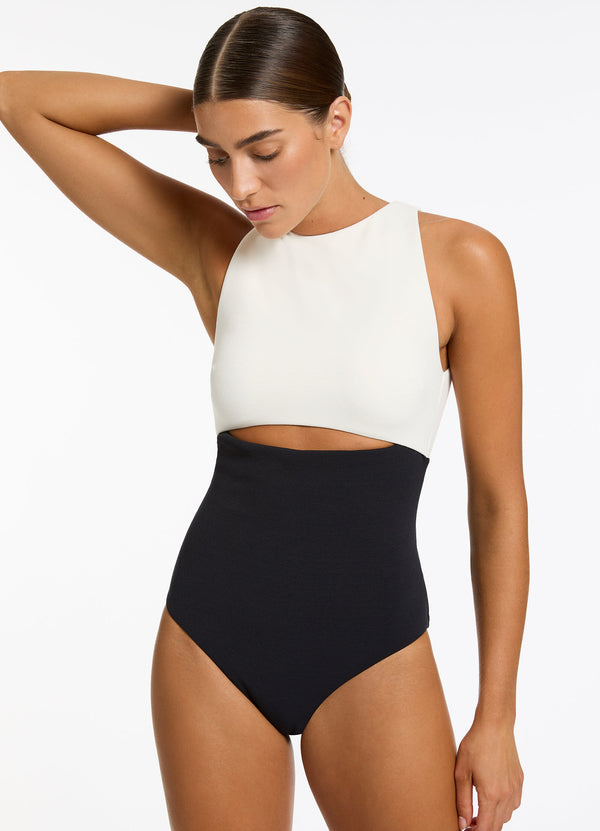 Versa Rib Cut Out High Neck One Piece - Black/Cream