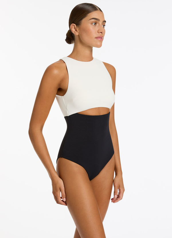 Versa Rib Cut Out High Neck One Piece - Black/Cream