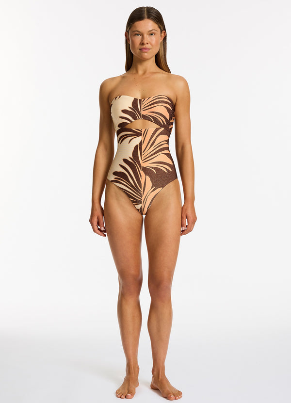 Dahlia Palm Cut Out Bandeau One Piece - Chocolate