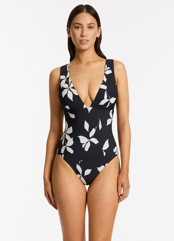 Elora Bloom Plunge One Piece - Black