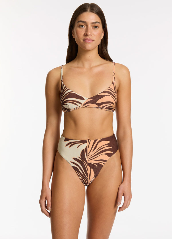 Dahlia Palm High Leg High Waist Bikini Bottom - Chocolate