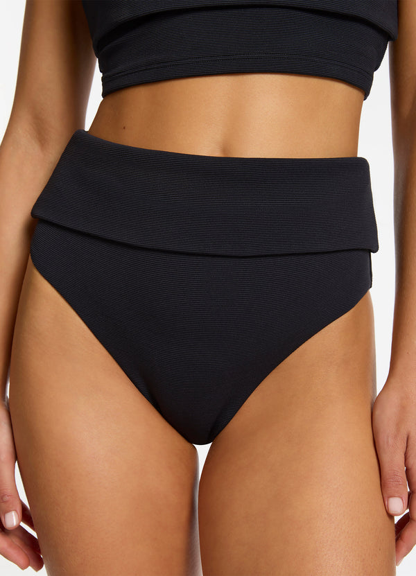 Isla Rib Fold Down High Waisted Bikini Bottom - Black