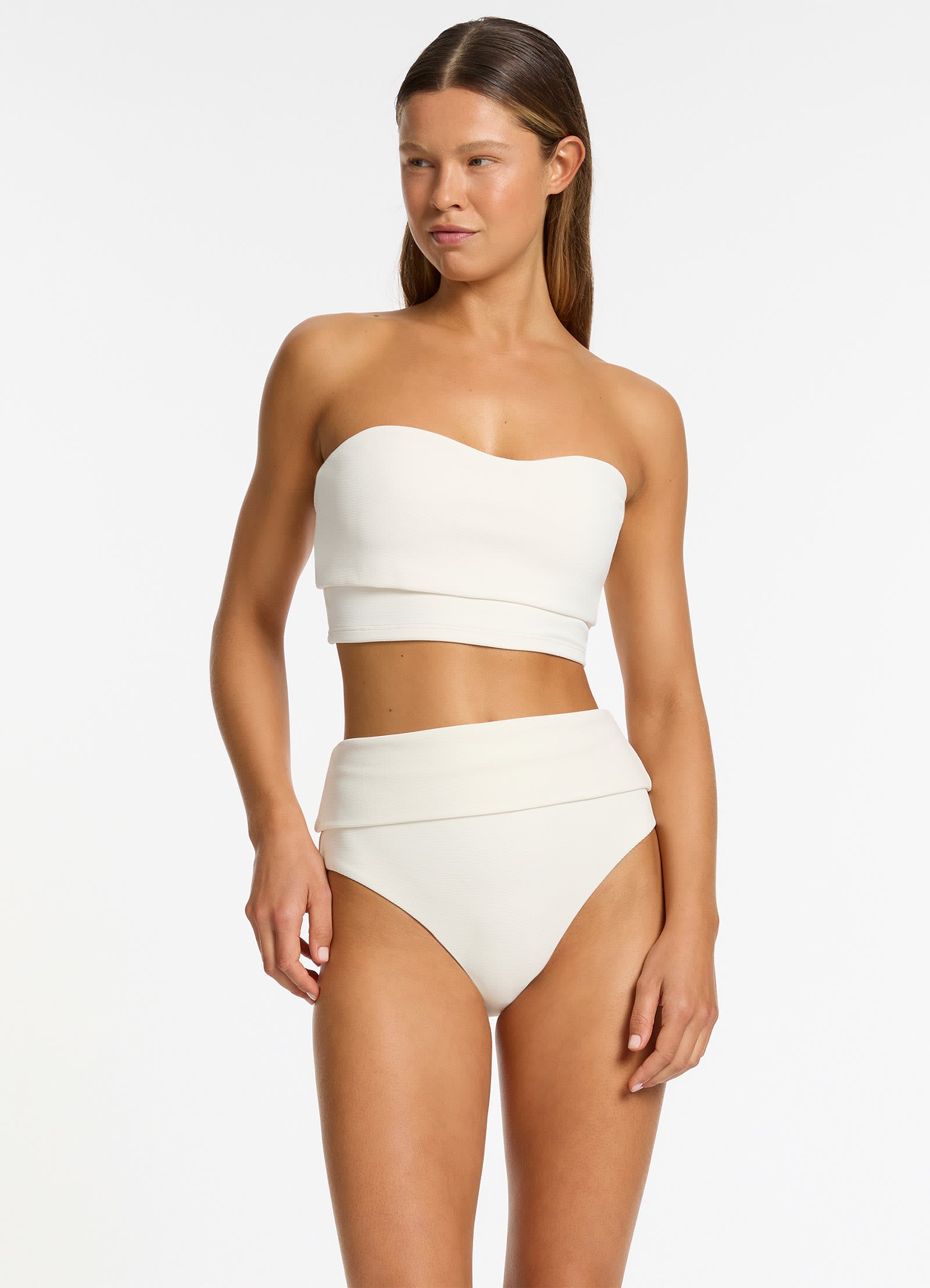 Isla Rib Fold Down High Waisted Bikini Bottom Cream JETS UK