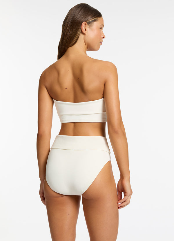 Isla Rib Fold Down High Waisted Bikini Bottom - Cream