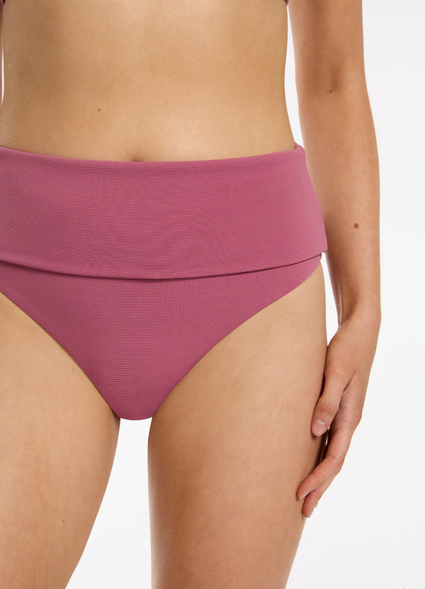 Isla Rib Fold Down High Waisted Bikini Bottom - Mauve