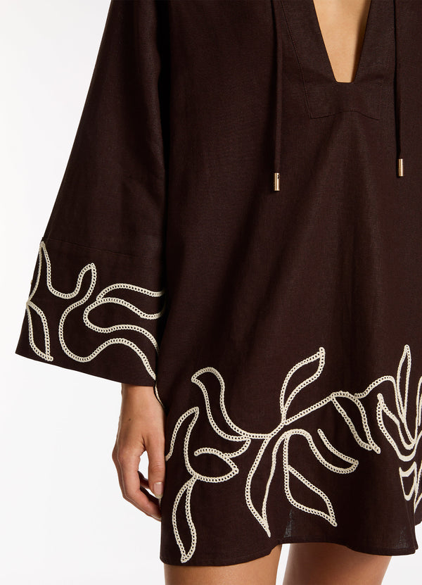 Dahlia Palm Embroidered Mini Kaftan - Chocolate