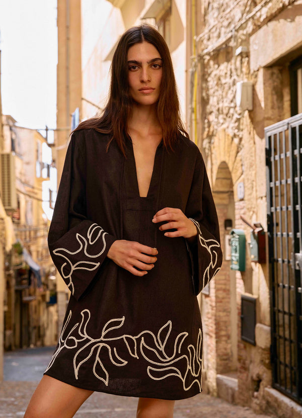 Dahlia Palm Embroidered Mini Kaftan - Chocolate