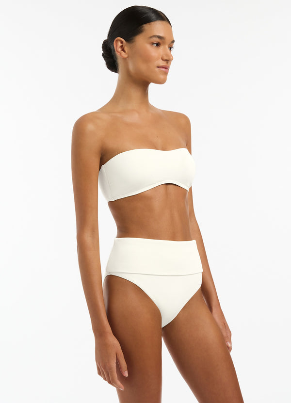 Isla Rib Fold Down High Waisted Bikini Bottom - Cream